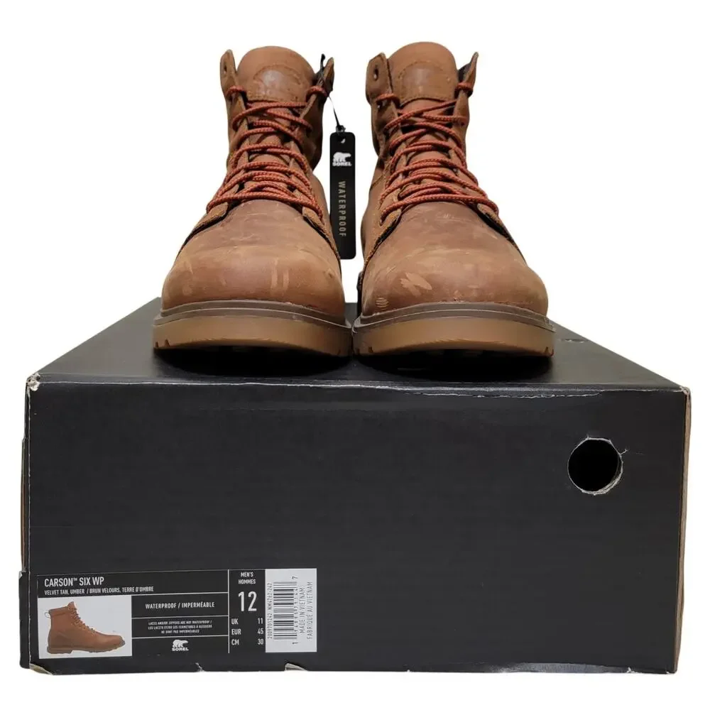 Sorel Men Carson Six Waterproof Combat Boots Size US 12 Velvet Tan Brown Leather